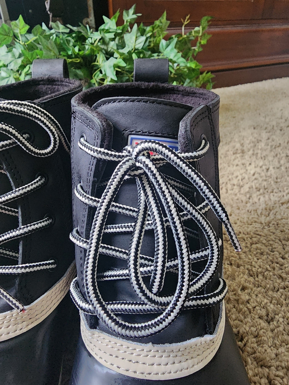 Waterproof Black & Cream Lace-Up Winter Rain Boots - Picture 10 of 13